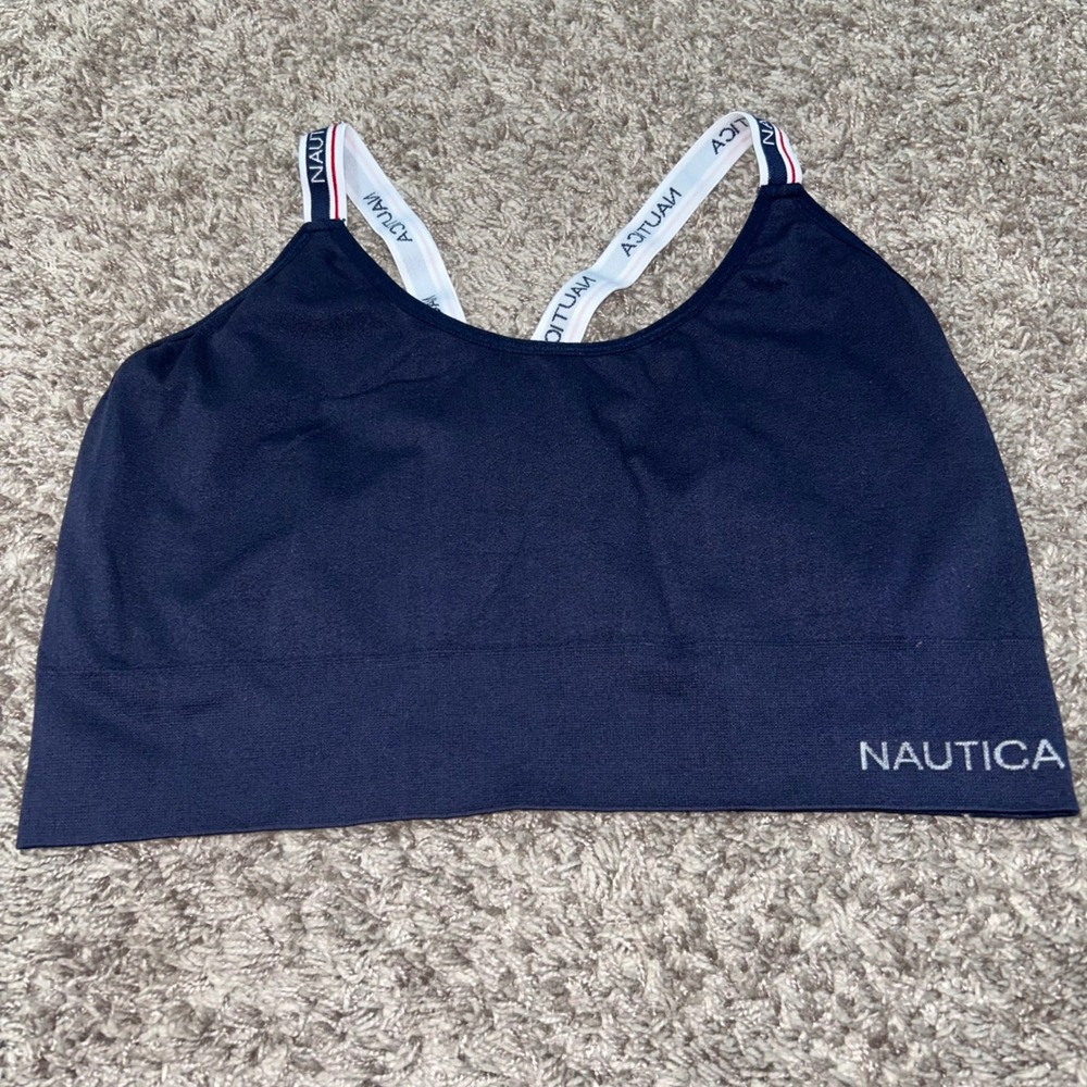 Nautica Navy Blue Sports Bra Top Cross Back White Straps Athleisure Activewear